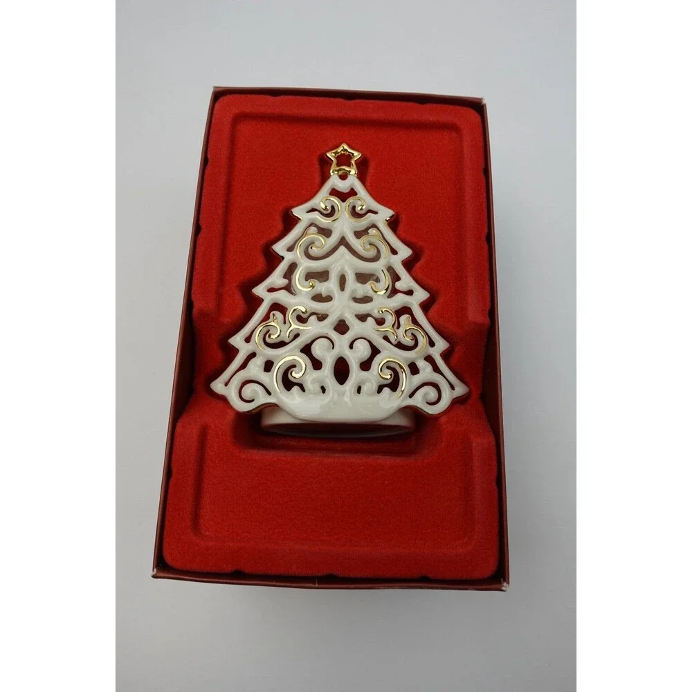 Lenox Bright Christmas Tree Votive Pierced Tree with Gold Trim Boxed
